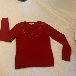Red Holiday sweater with rhinestone embellishment